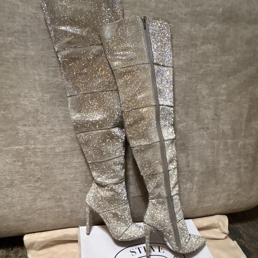 Steve Madden Wonders Silver Rhinestone Thigh High Pointed Toe Stiletto Zip 9 - Picture 3 of 5